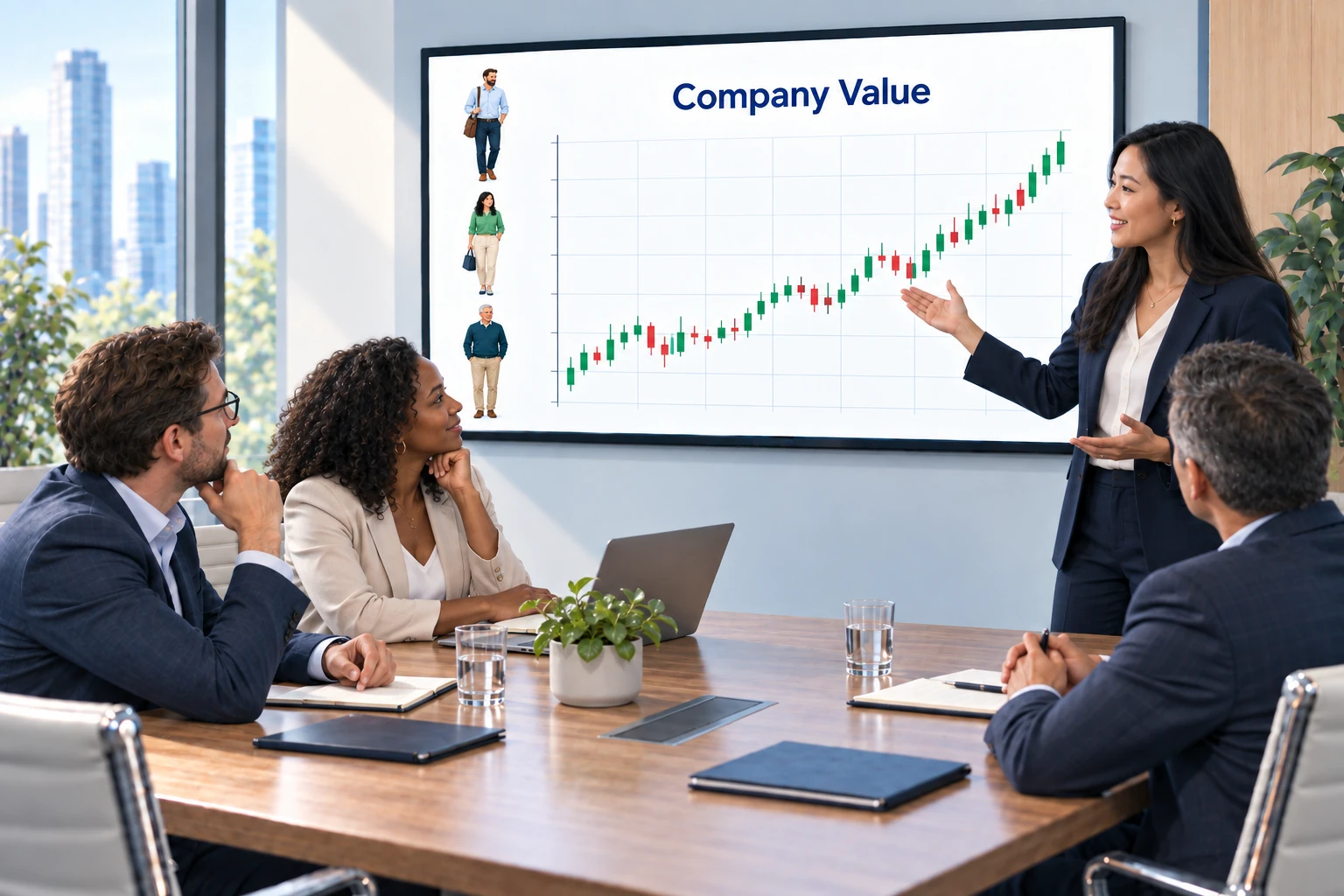A presenter discussing a rising Company Value candlestick chart and three customer figures with business leaders