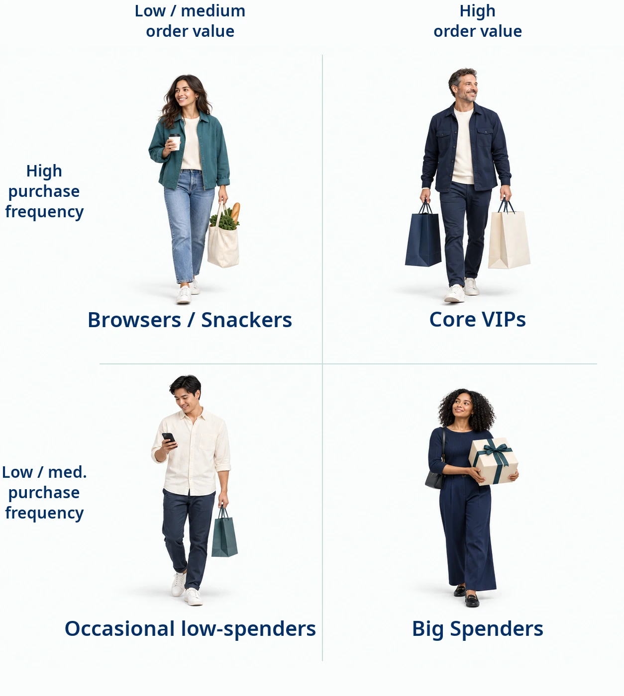 Four illustrative shoppers positioned by predicted order value and purchase frequency: frequent smaller purchases are Browsers / Snackers; frequent larger purchases are Core VIPs; occasional smaller purchases are Occasional low-spenders; occasional larger purchases are Big Spenders.