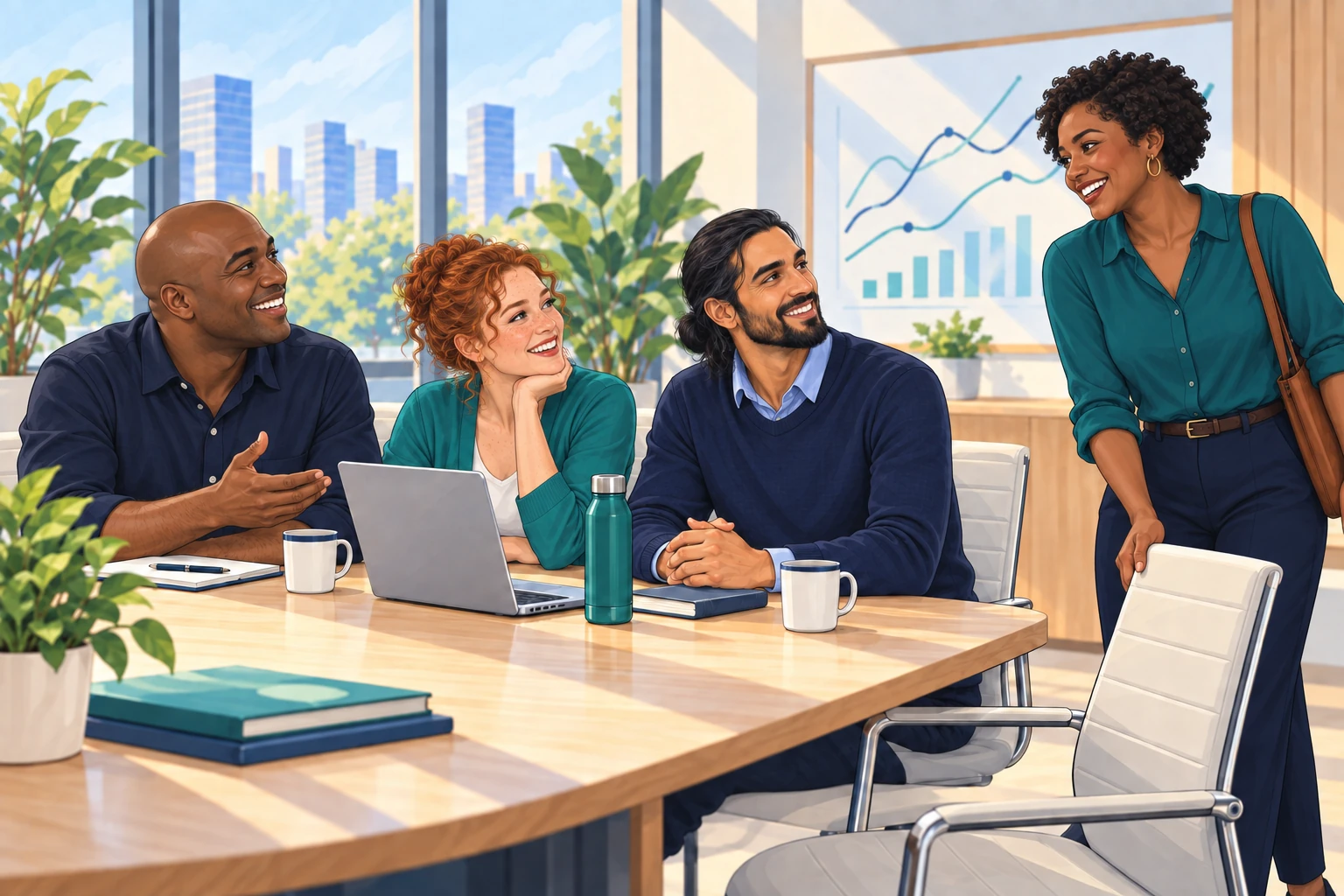Painted illustration of three analytics colleagues welcoming a new teammate to an open seat at their table