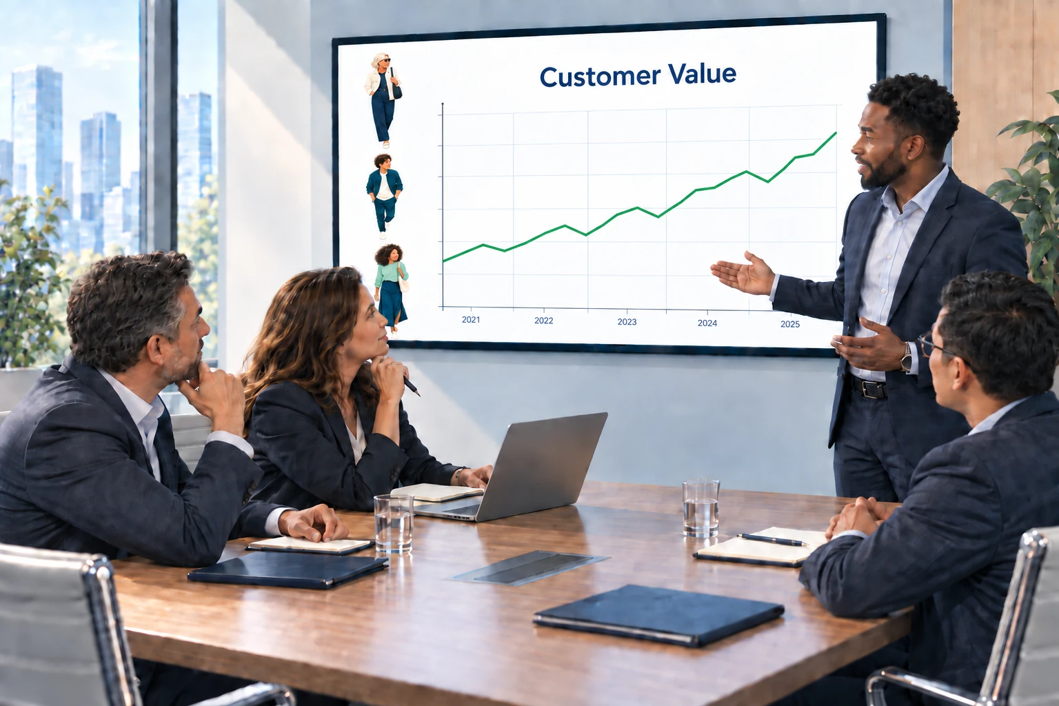 A company seller presenting three full-body customer figures beside a growing Customer Value chart to three private equity investors