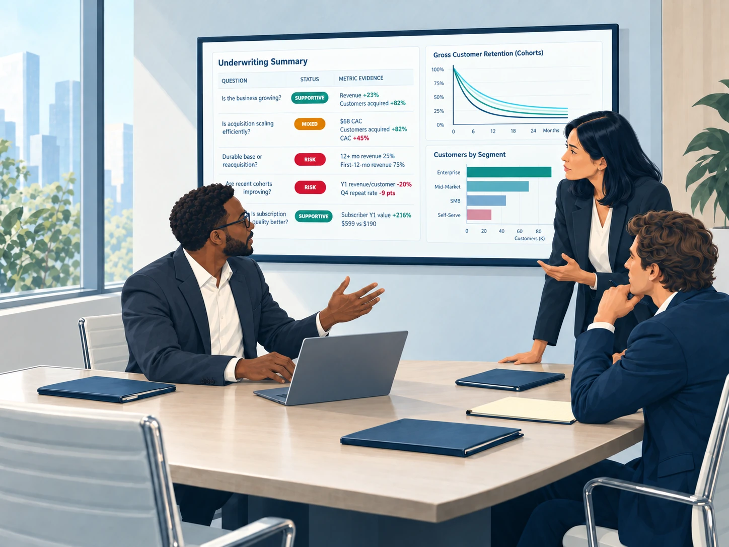 Three private equity investors discussing a potential deal beside an underwriting summary, retention chart, and customer segment analysis