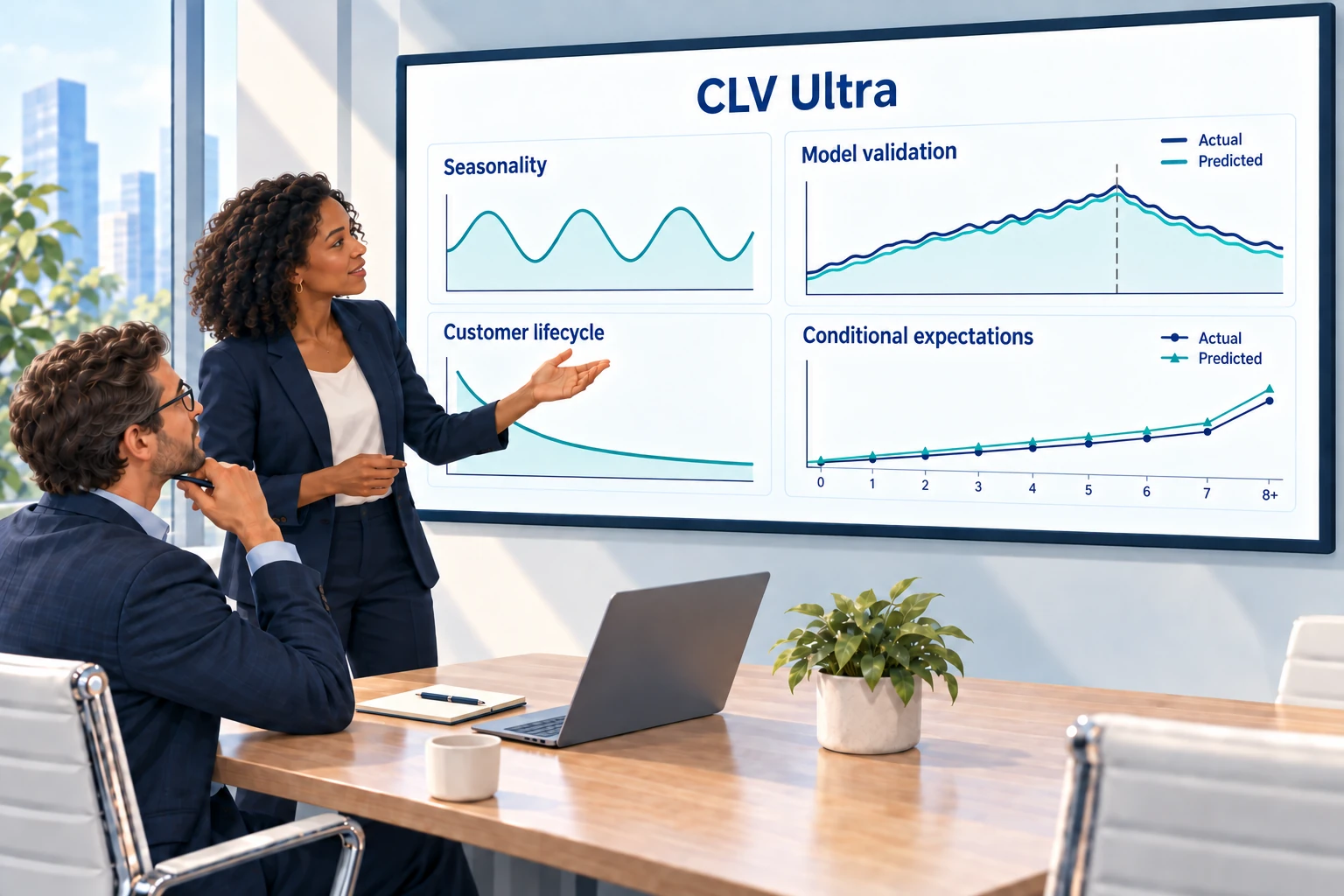 Painted illustration of two analysts exploring seasonality, customer lifecycle, tracking validation with declining holdout curves, and conditional expectations in CLV Ultra