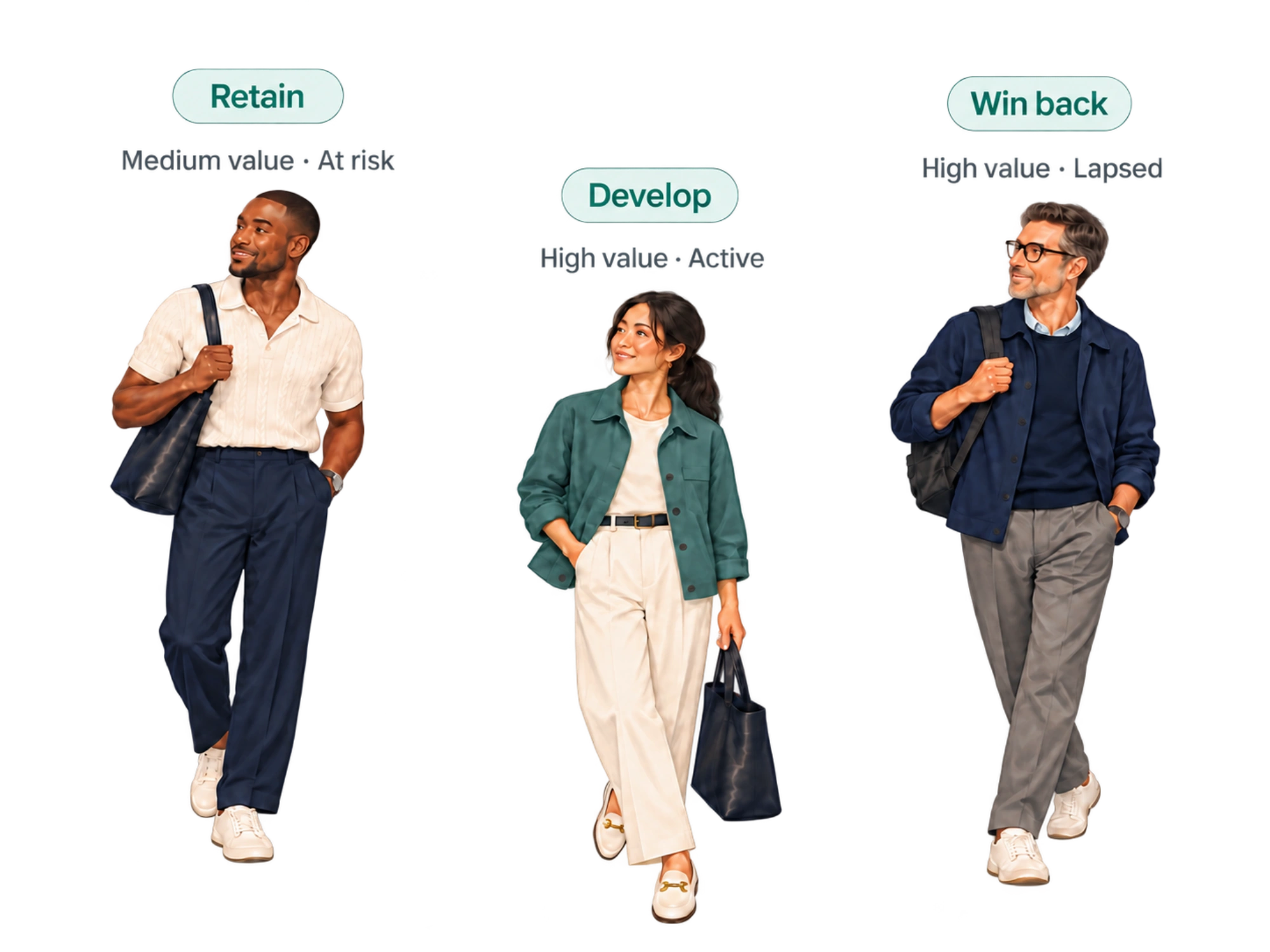 Illustrative customer actions: Retain, medium value and at risk; Develop, high value and active; Win back, high value and lapsed.