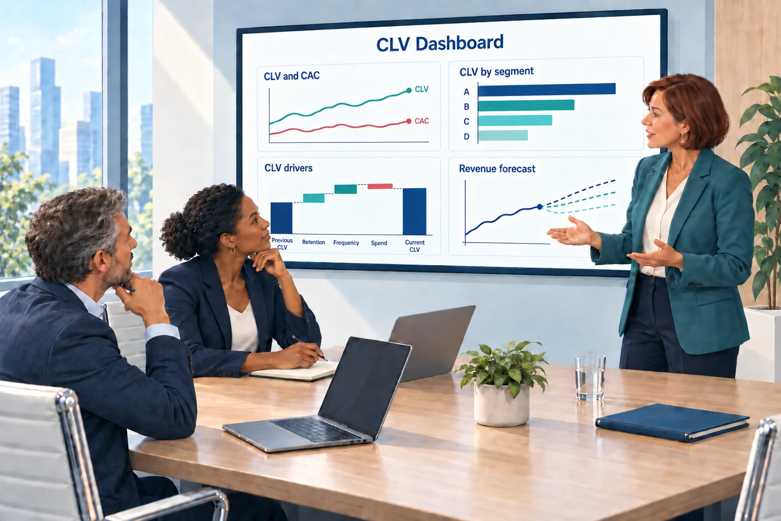 Painted boardroom illustration of three professionals reviewing a CLV Dashboard. Four panels show CLV and CAC, CLV by segment, a CLV drivers waterfall from Previous CLV through Retention, Frequency, and Spend to Current CLV, and a revenue forecast.